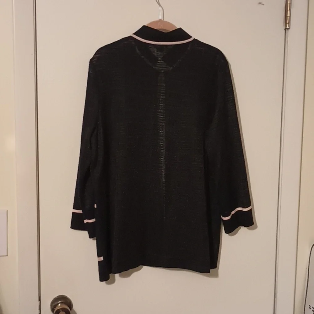 Misook Black W/Pale Pink Trim Knit Zipper Pocket Cardigan Size Large - Picture 6 of 9